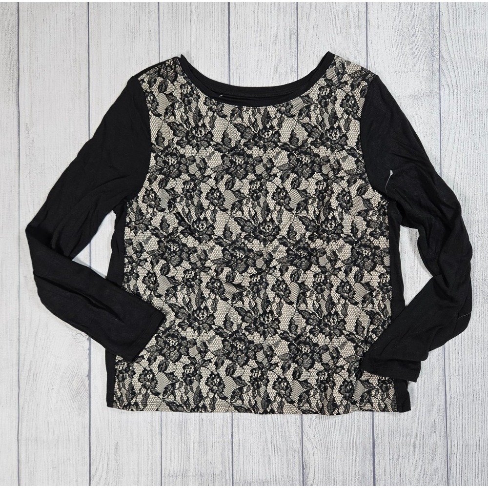 Chico's Top Womens Medium Black Beige Lace Long Sleeve Stretch Knit